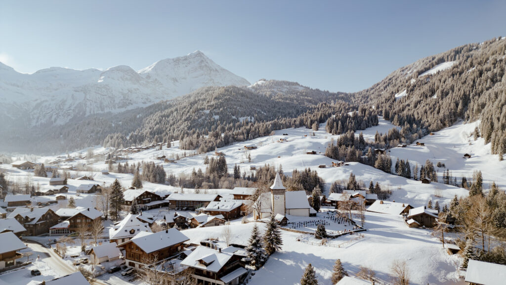 Overview shot of Gstaad in Switzerland in the snow