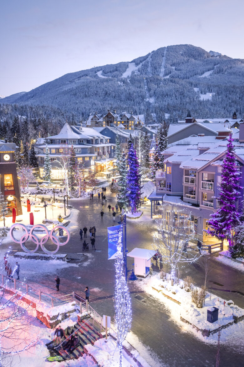 Snow covered Whistler Village at dusk