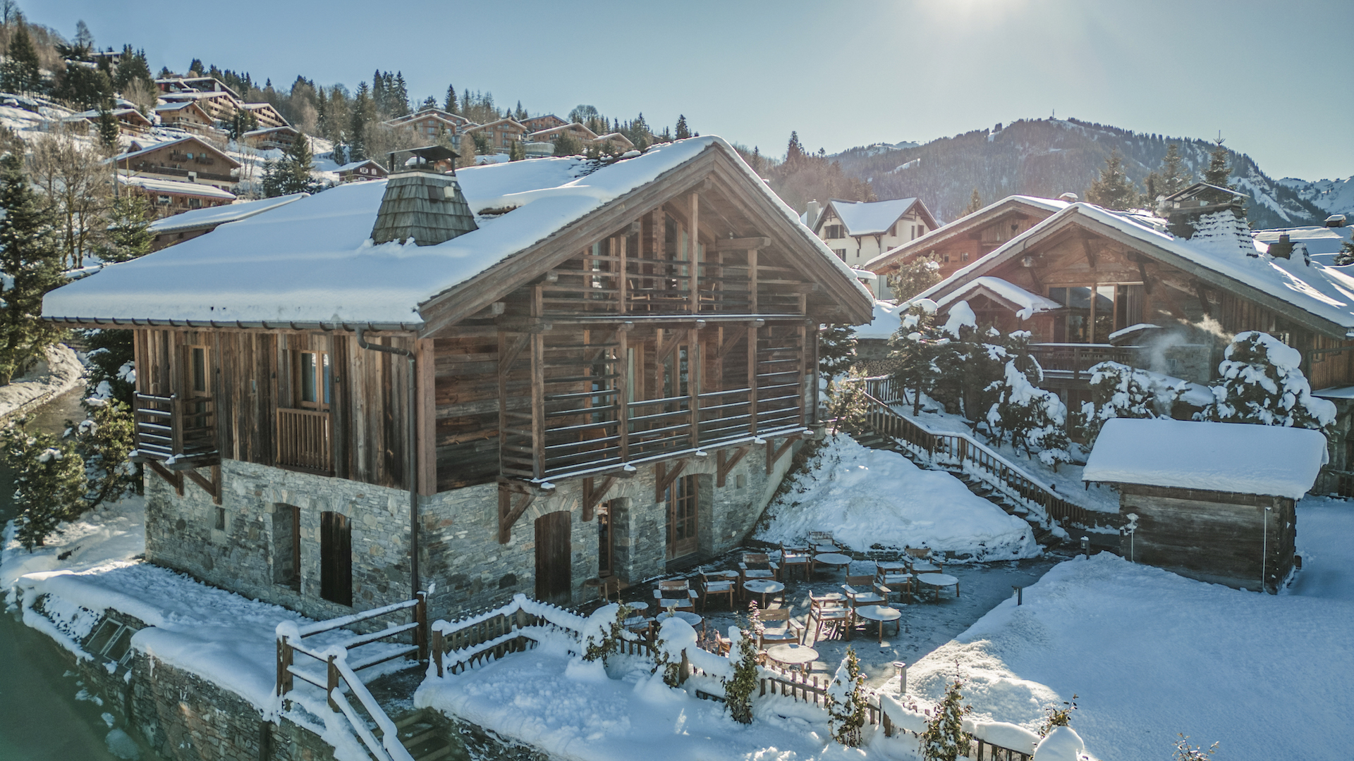 Drone shot of the exterior of Zannier Le Chalet in Megève